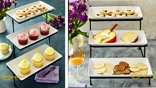 Unique 3 Tier Mesh Serving Stand with Server Platters - Three White Porcelain Food Dessert Display Tray