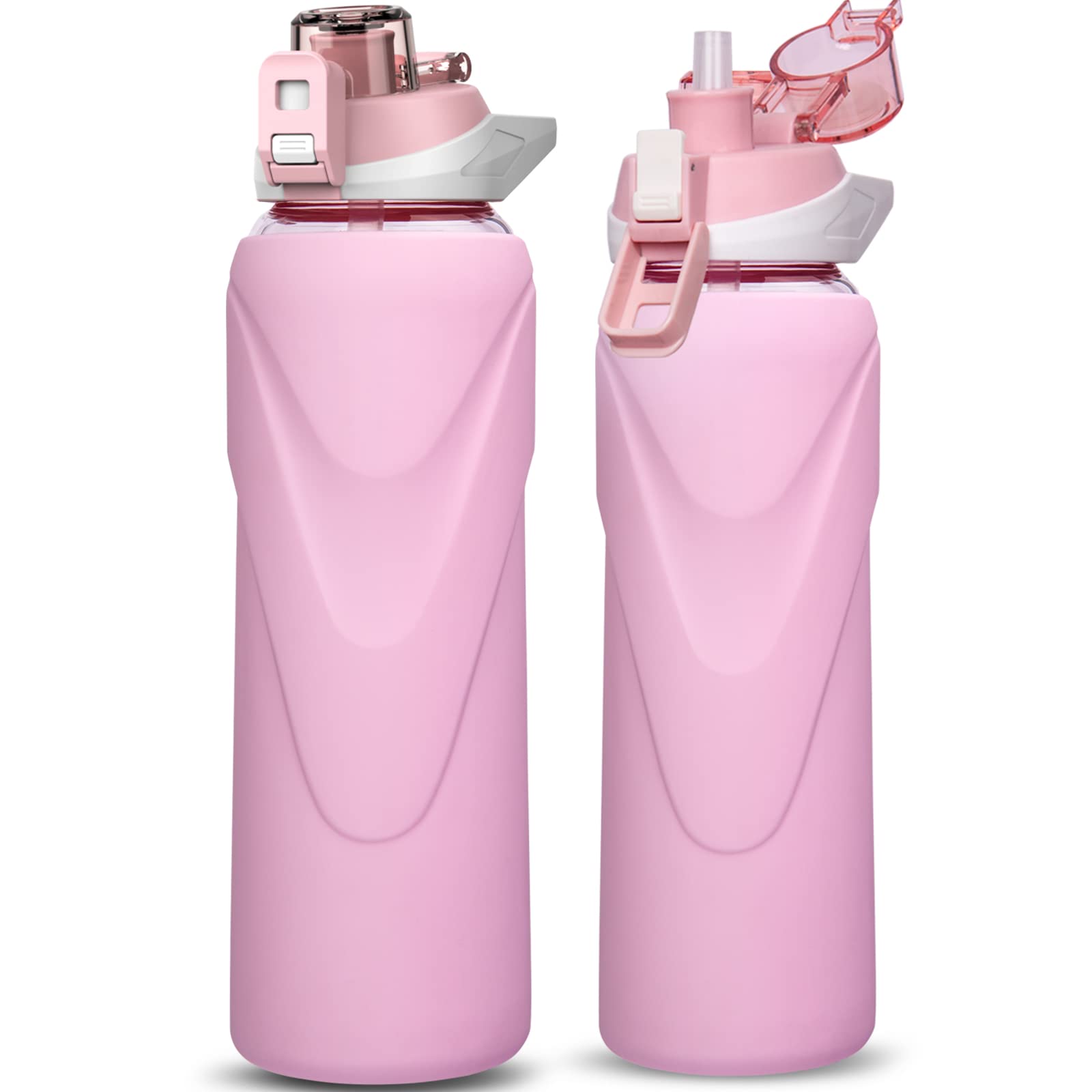 DEARRAY 1l / 1 litre Sports Glass Water Bottle with Straw & Silicone Sleeve Large Reusable BPA-free Glass Drinking Bottle with Flip Top Lid for Gym, Travel, Hiking