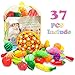 Glonova Play Food Cutting for Toddlers Kids, 37 Pcs Kitchen Toys Cutting Vegetables Fruits with Pizza Play Food Set Pretend Cutting Food Playset with Carry Bag for Children Girls Boys