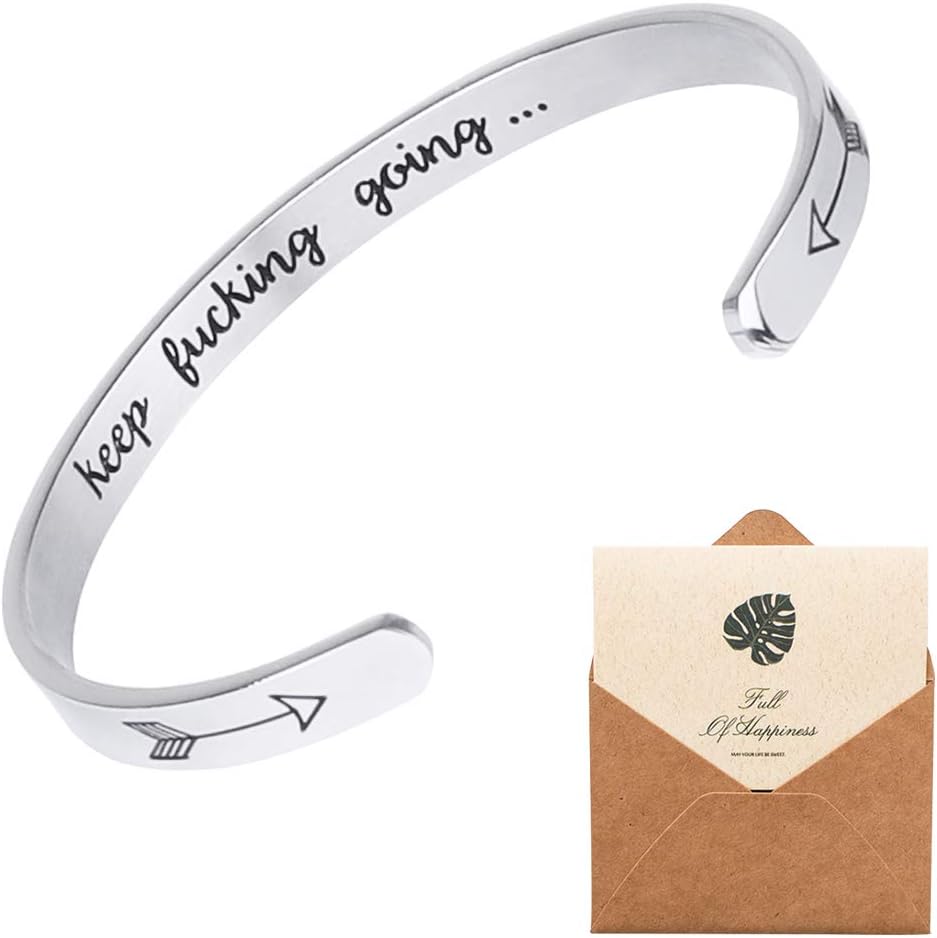 GUERNONO Inspirational Gifts for Women Cuff Bracelet Bangle Personalized Motivational Mantra Quote Keep Going Stainless Steel Engraved Come Encouragement Secret Message Jewelry