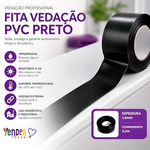 Tender Trove Fita Vedacao PVC Preta Para Banheiro Cozinha e Eletrodomesticos, Impermeavel Prova Dagua, Veda Frestas e Impede Insetos, 3,8cm x 3,2m (1)