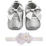 Lidiano Baby Girls Bowknot Sequins Bling Anti-Slip Mary Jane Flat Crib Shoes & Headband (0-6Months, Silver)