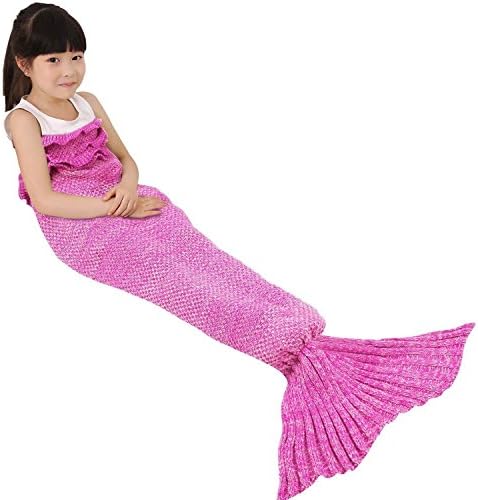 Kids Crochet Mermaid Tail Blanket, OKAYSHOP Knitting Handcraft Sleeping Bag For Girls, All Seasons Warm Sofa Living room blanket, 135cmX65cm(53"x26") (Kids Flower Pink)