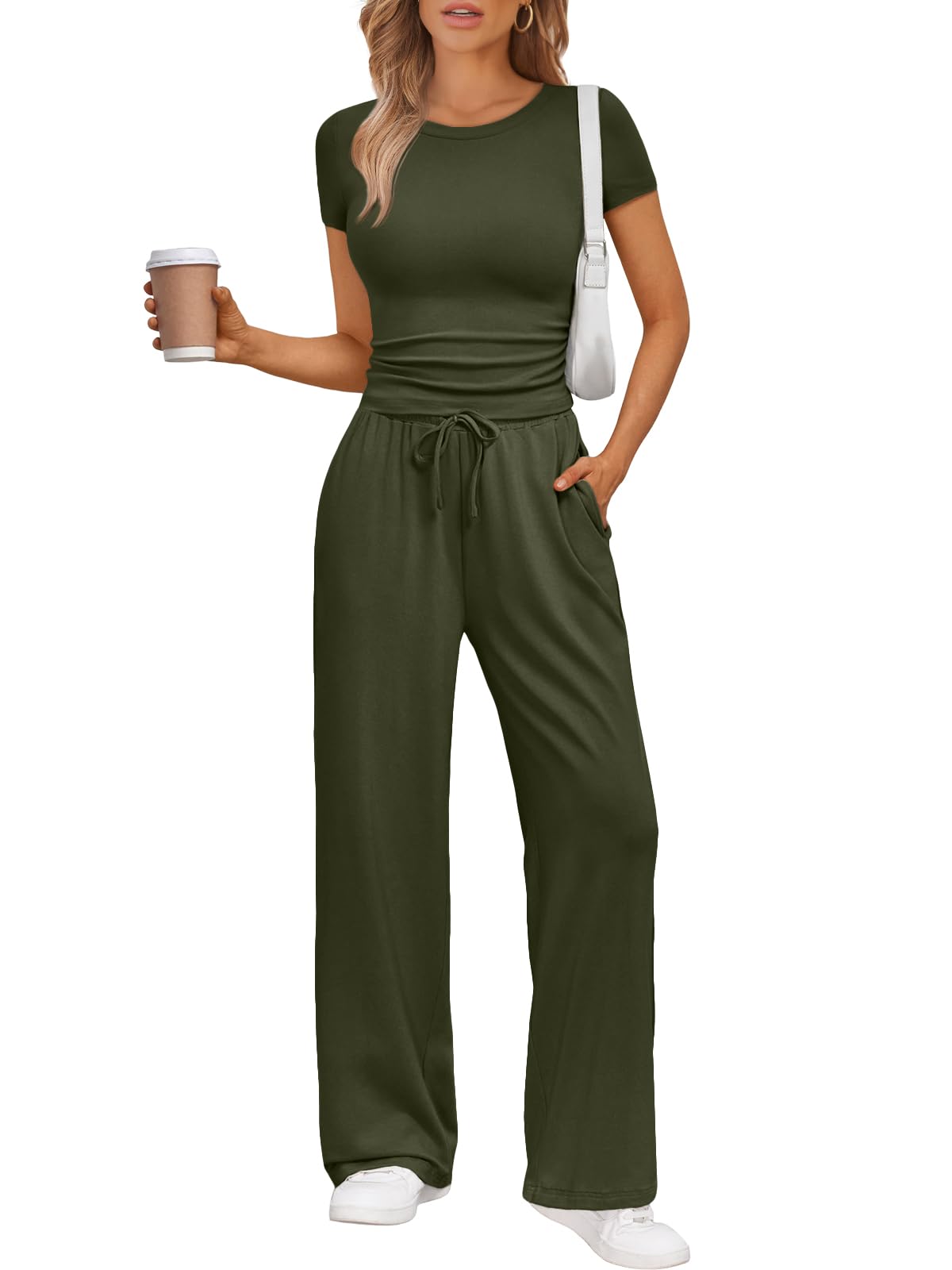Photo 1 of Trendy Queen Womens 2 Two Piece Set 2025 Summer Workout Beach Vacation Gym Clothes Fall Fashion Lounge Matching Sweatsuit Sweat Teacher School Wide Leg Pant Travel Outfit Fitness Athletic Clothing