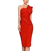 houstil Women's One Shoulder Wedding Guest Dress Side Split Bandage Bodycon Midi Cocktail Club Dresses