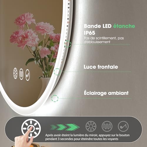 S'bagno Round Bathroom Mirror 70 cm, Bathroom Mirror with Lighting and Bluetooth, Anti-Fog, 3000K-6500K, Dimmable, HD Tempered Glass, IP44 LED Bathroom Mirror with Memory