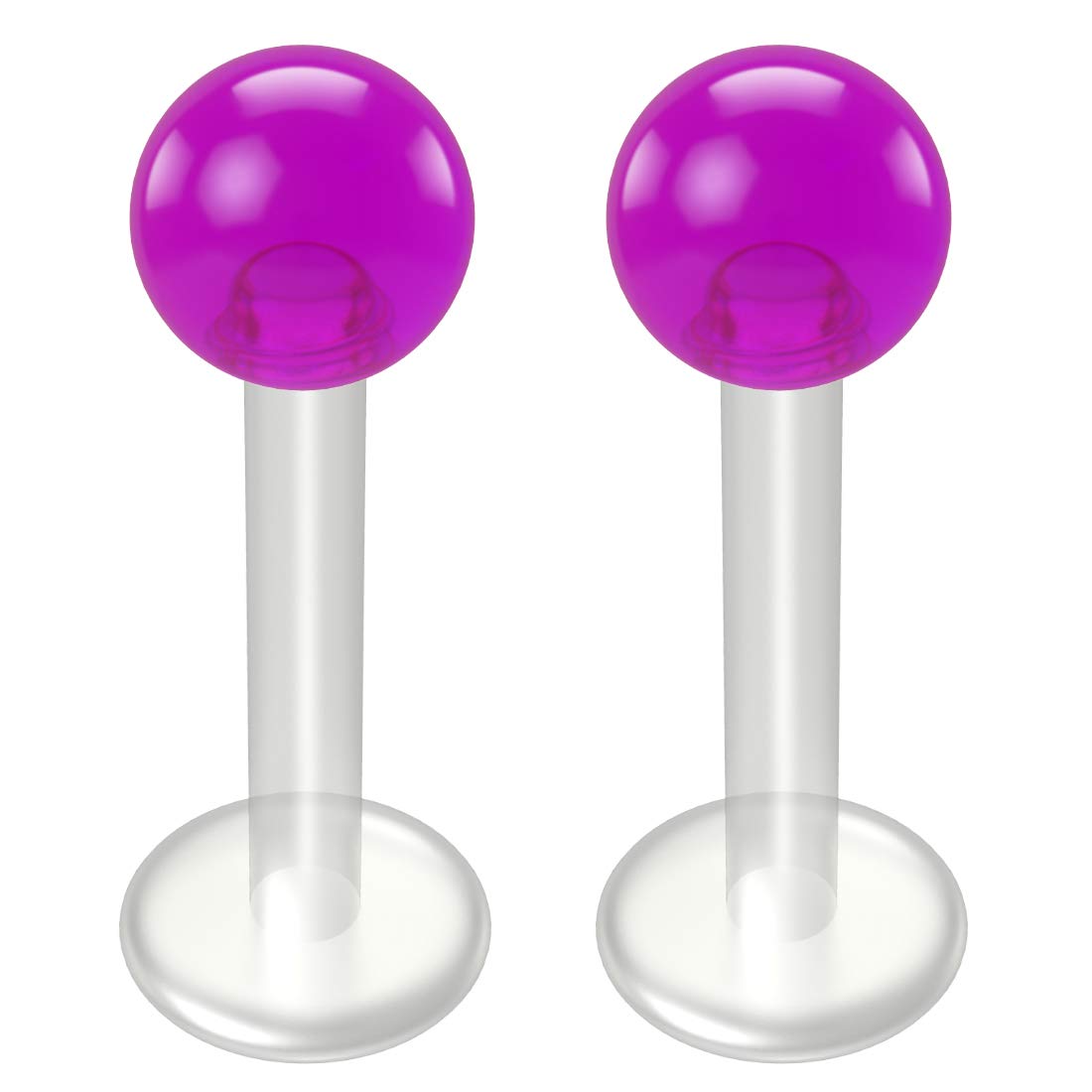 2pc Purple Labret Bar 14g 1.6mm Studs Flexible Bioplast Clear Plastic Bioflex Monroe Piercing Jewellery 10mm