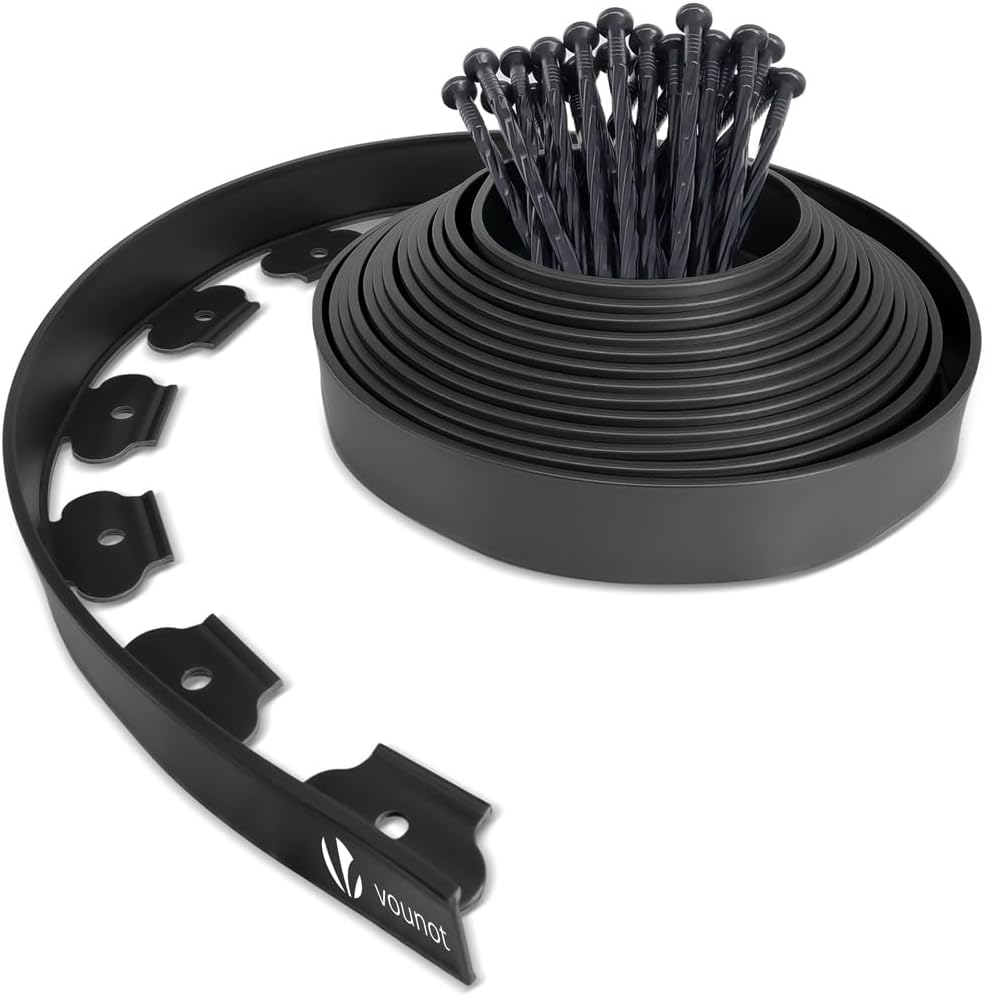 VOUNOT Lawn Edging 10m with 30 Pegs 4mm Thick Black Plastic Border