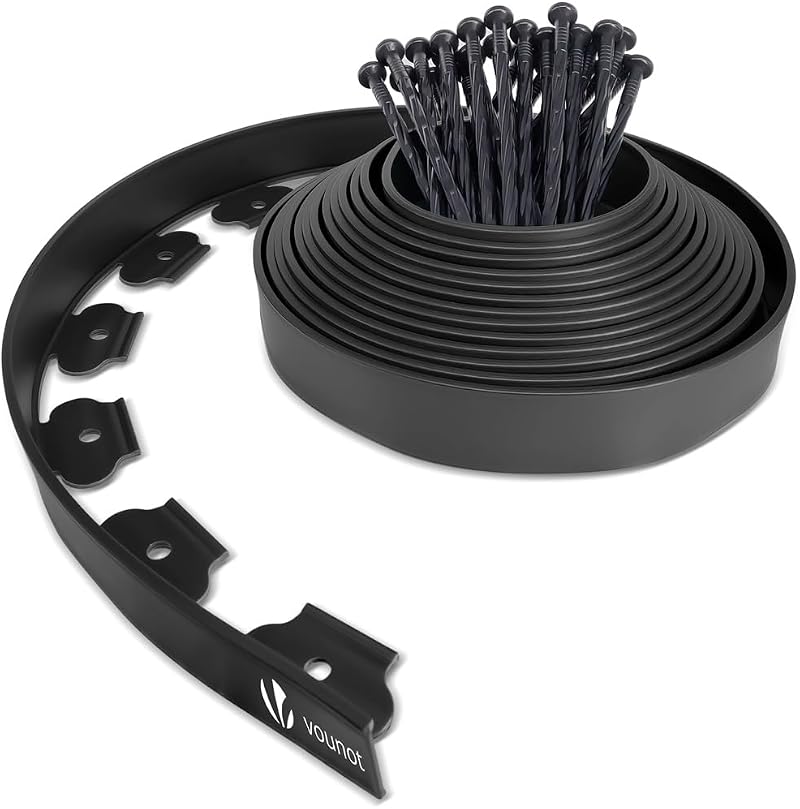 VOUNOT Lawn Edging 10m with 30 Pegs 4mm Thick Black Plastic Border