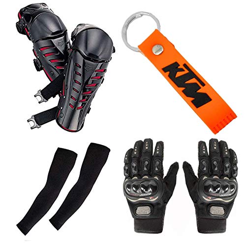 Spidy Moto KTM Orange Key Chain, 2 Arm Sleeves, 1 Pair Pro-Biker Hand Gloves, 1 Pair Knee Guard Combo for Biker/Rider