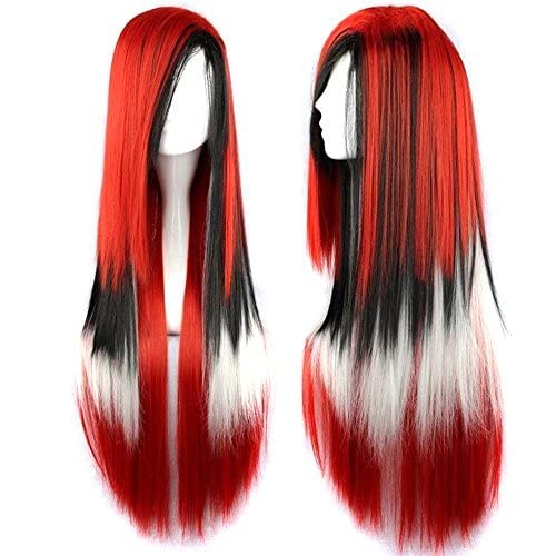 IMISSU 26'' Long Natural Hair Cosplay Wig with Bangs Colorful Halloween Costume Party Wigs for Women (Red Black White)