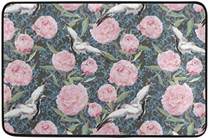 PLAO 23.6"x15.7" Non-Slip Polyester Doormat Crane Birds Peony Flowers Washable Entrance Rug for Inside Outside Floor Toilet Patio Living Room