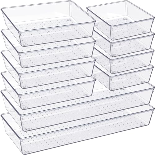 Criusia Drawer Organizer, 10 Pack Large Clear Plastic Set, 3 Size Versatile