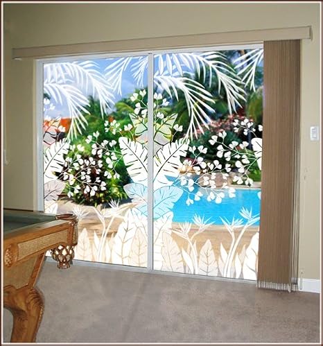 Amazon Com Wallpaper For Windows Tropical Oasis Etched Glass See Thru Design 48 In X 78 In Decorative Window Film Home Kitchen