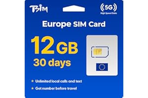 TSIM Europe SIM Card 30 Days 12GB | Unlimited Local Calls and Text | Get Number Before Travel | 30+ Countries Austria, France