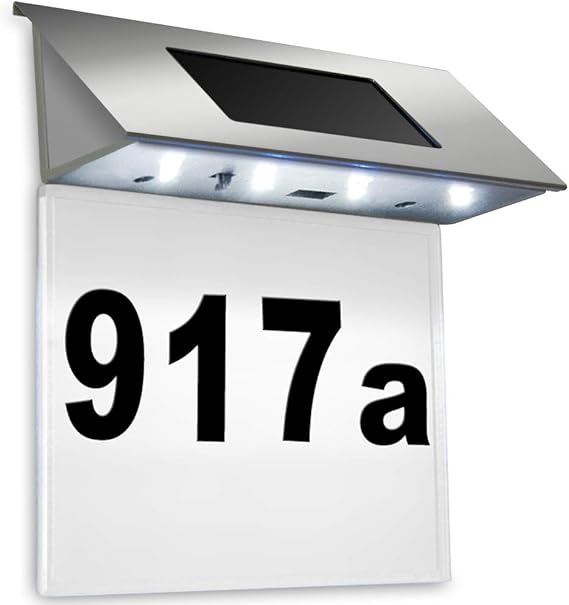 Solar House number House signs plaque with 4 LEDs white Stainless