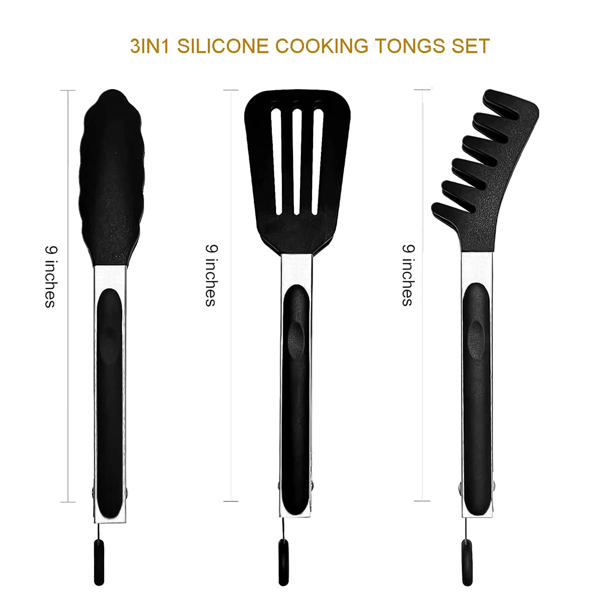 3in1 Silicone Kitchen Cooking Tongs Set, Stainless Steel Nonstick Food Tong with BPA Free Silicone Tips for Serving Spaghetti Steak Pizza Salad Vegetable Fruit Grilling BBQ Baking Buffet- (9