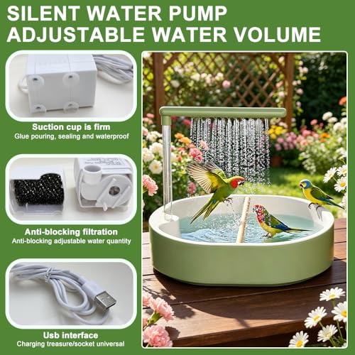 Nzkeuf Bird Shower Budgie, Budgie Shower, Automatic Bird Bath with Pump, Quiet Tub, Bird Bath with Circulation Tap for Parrots and Small Birds (Green)