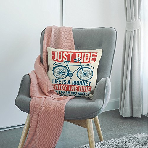 HGOD DESIGNS Throw Pillow Cover Bicycle with Letter Just Ride Friendly and Healthy Travel Slogan Graphic Home Decorative Pillow Cases Cotton Linen Square Cushion Covers For Sofa Couch 18x18 Inch