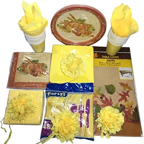 Fall Thanksgiving Dinnerware Disposable sets - Party Plates and Napkins , Tablecloth , Cups &amp; Cutlery set