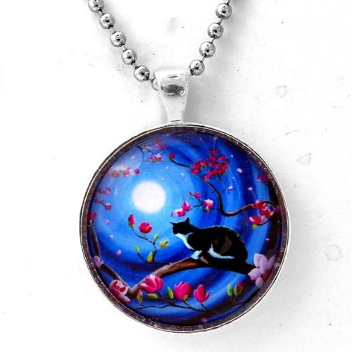 Tuxedo Cat in a Japanese Magnolia Tree Handmade Art Pendant (24" Ball Chain)