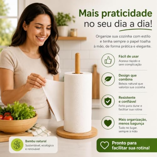 Porta Papel Toalha de Bambu Natural 29 cm Vertical para Cozinha Suporte para Rolo de Papel Toalha Papel Alumínio e Filme PVC Resistente e Multiuso