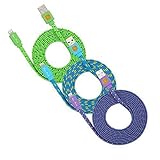 3 Pack 6ft Durable Hi-Speed Braided Flat Noodle Lightning USB SYNC Cable Charger Cord for iPhone 6, 6 Plus, 5, 5C, 5S, iPad 4, iPad Mini, Ipad Air, iPod Touch 5th Gen, iPod Nano 7th Gen, Support Latest IOS, 8-pin to USB - (green, blue, purple)