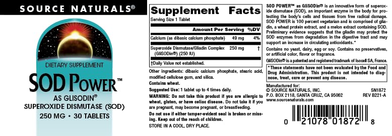 Source Naturals SOD Power As Glisodin, Superoxide Dismutase, Dietary Supplement 250mg - 30 Tablets