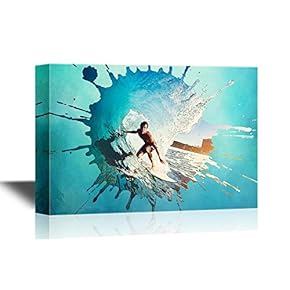 Extreme Sport Canvas Wall Art - Man Surfing with Huge Waves - Gallery Wrap Modern Home Art | Ready to Hang - 12x18 inches