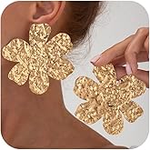 Stylish Gold Hammered Metal Petal Flower Earrings for Women Dainty Statement Silver Floral Flowers Drop Stud Earring Punk Party Holiday Prom Jewelry Gift