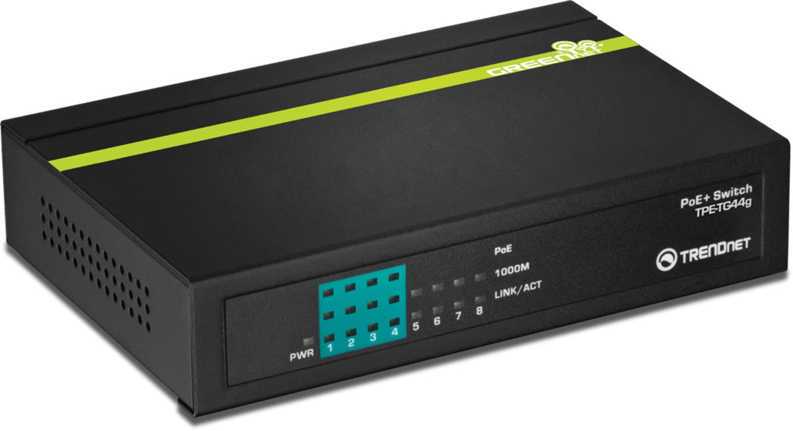 TRENDnet 8-Port Gigabit GREENnet PoE+ Switch, TPE-TG44G, 4 x Gigabit PoE/PoE+ Up to 30 W/Port, 4 x Gigabit, 61 W Power Budget, 16 Gbps Switch Capacity, Ethernet Unmanaged Switch