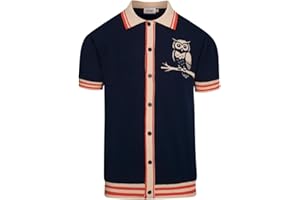 OXKNIT Men's Knit Short Sleeve Shirts Button Down Vintage Knitted Polo Shirt Owl Pattern Dark Blue Cotton Polo