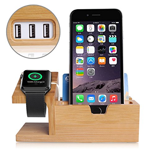 Apple Watch Stand,Phone Stand,Ptuna Bamboo Wood Charging for iPhone,Smart Phone,Apple Watch With 3 Ports USB HUB