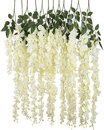 Wisteria silk flower holiday decoration weddings & events simulation flower white 12 branches, more flowers increased density, new arrival (White)