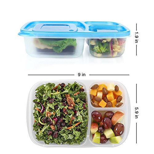 Meal Prep Containers,Bento Lunch Box,Reusable 3-Compartment Easy Open Safe Plastic Divided Food Storage Container Boxes for Kids Children Adults,Microwave,Dishwasher and Freezer BPA Free(6 Pcs)