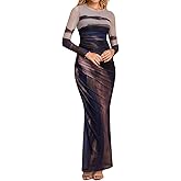 VKIHOC Floral Long Sleeve Maxi Dress Mesh Ruched Bodycon Formal Cocktail Dresses for Women 2026