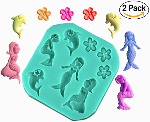 Dolphin Mermaid Silicone Mold Chocolate Cake Fondant Candy Sugar Cupcake Candle Molds For The Kitchen Baking Decoration Tools Set of 2 (Blue)