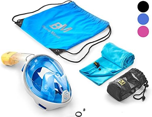 Snorkel Mask Full Face - 180° Panoramic View - Anti-Fog, Anti-Leak and Anti-Gag Technology - Bag and Towel Included - Sizes S/M, L/XL (Blue, Large/X-Large)