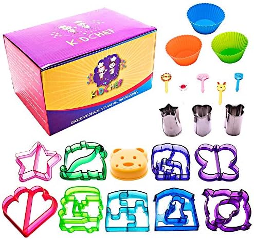 KidChef Sandwich Cutter Set for Kids Bonus Bear Crust Cutter– All Your Favorite BPA Free Plastic & Stainless Steel Shapes, 10 Crust Cutters, 3 Veggie Cutters, 5 animal food picks, 3 silicone trays
