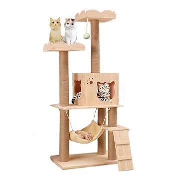 Amazon Raku キャットタワー 木製 据え置き ねこつめとぎ ハンモック