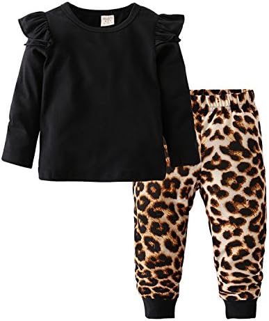 Baby Girls Long Sleeve Black Tops and Leopard Pants Clothing Set (0-6 Months)