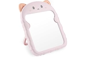 TBWHL Cute Desk Mirror Cartoon Cat Mirror for Desk, Desktop Mirror with Stand for Girls, Kids, Hanging Vanity Makeup Mirror for Bedroom, Bathroom, Office (Pink Cat)