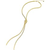 COOLSTEELANDBEYOND Women's Gold Tone Knot Lariat Necklace, Snake Chain Y Drop Adjustable Long Pendant Minimalist Jewelry Gift