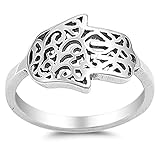 Sideways Hand of God Filigree Hamsa Ring .925
