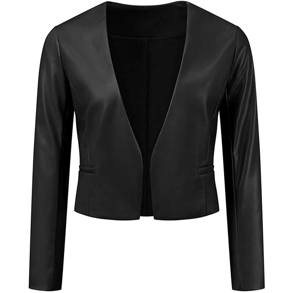 KRISP Women PU Leather Cropped Jacket Long Sleeve Bolero[4432-NVY