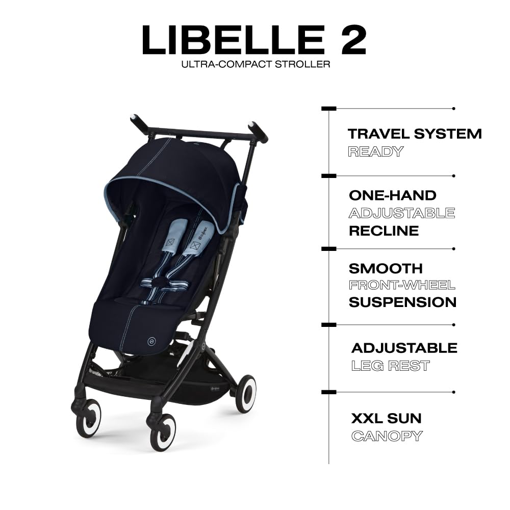 Cybex Libelle Lightweight pockit Travel Baby Stroller - Carry-On Compliant Compact Fold, One-Hand Adjustable Recline - Compatible with CYBEX Car Seats, Ocean Blue