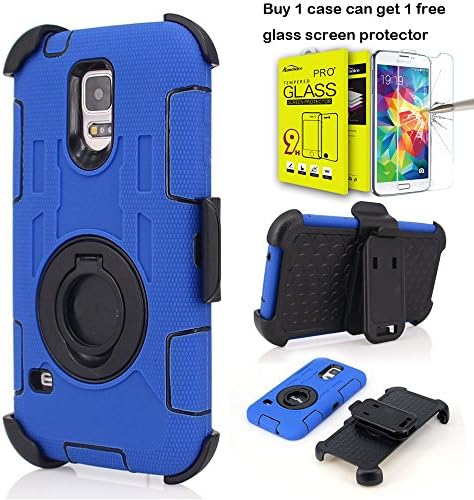 S5 Case, AMCHOICE(TM) 3IN1 TPU&amp;PC Shockproof Amy-grade Protective Belt Clip Stand Case for Samsung Galaxy S5 [360 Degree Rotating Ring Bracket][Free Stylus,Screen Protector,Cleaning Cloth](Deep Blue)
