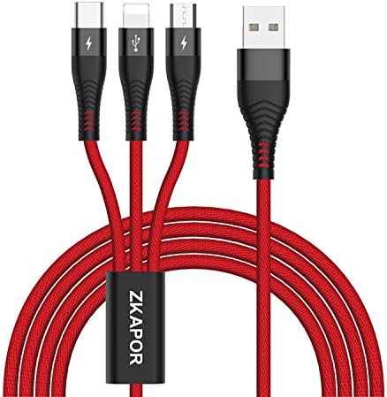 Multi Charger Cable, ZKAPOR 1.2m Nylon Braided 3 in 1 Multiple Charging Cable Cord with Micro USB Type C Multi Charger Connector for XS/X/8, Android Samsung Galaxy, Huawei, Motorola, Nokia, LG, Kindle