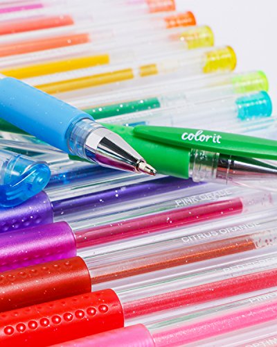 ColorIt 96 Gel Pens For Adult Coloring Books - 2 Travel Case Gel Pen Sets with 72 Glitter, 12 Metallic, 12 Neon Plus 96 Matching Colored Gel Ink Refills