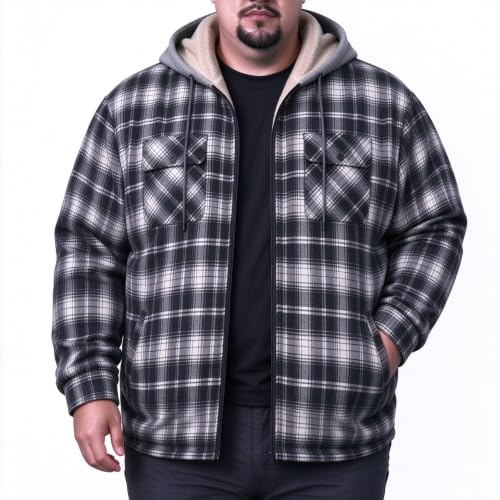 Sovneazy Tall Mens Full Zip Flannel Plaid Zip Up Hoodie Black and White 2XL at Amazon
